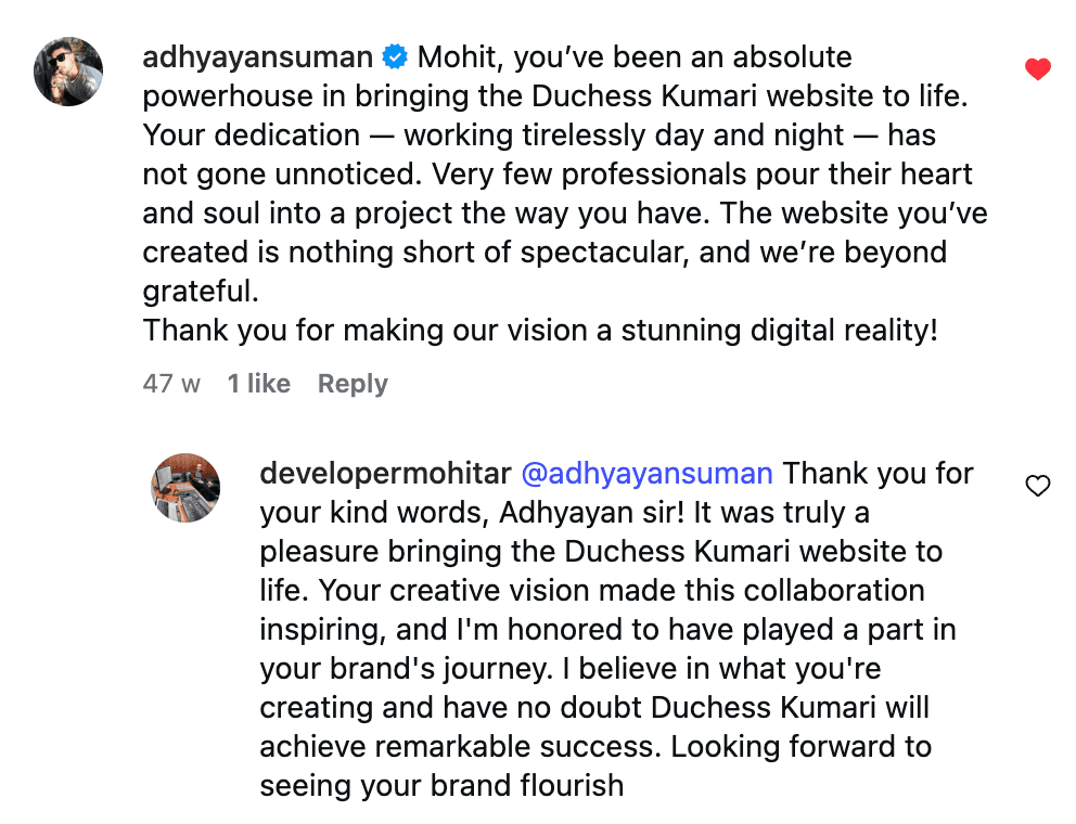 Client review for Duchess Kumari Shopify store by Mohit Arora